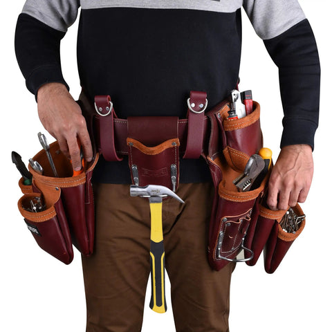 Leather Tool Belt For Men Heavy Duty Work Belt With 19 Pockets And 2 Pouches Double Hammer Holder, worn by a person holding tools