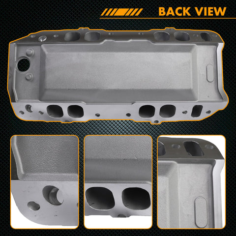Chevy Big Block Air Gap Aluminum Intake Manifold Dual Plane For 1966-2000 BBC V8 Engines, back and detail view