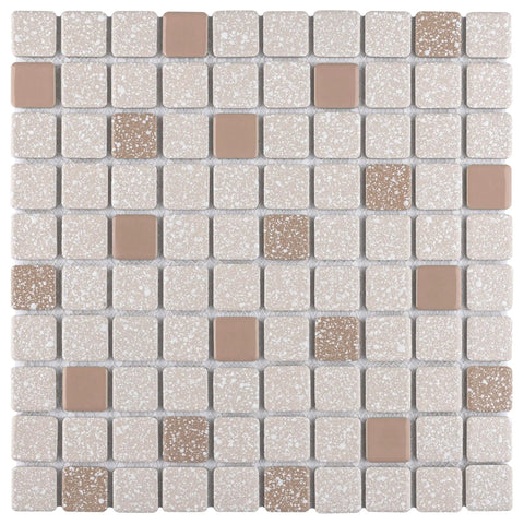 Close-up of Beige Porcelain Tile 12x12 Crystalline Square Mosaic For Floor And Wall Mesh Mounted Glazed with mixed texture and variation.