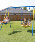 Children playing on My First Swing And Saucer Outdoor Playset For Backyard With Belt Swing And 32 Inch Saucer Swing Heavy Duty 6.17 Ft.