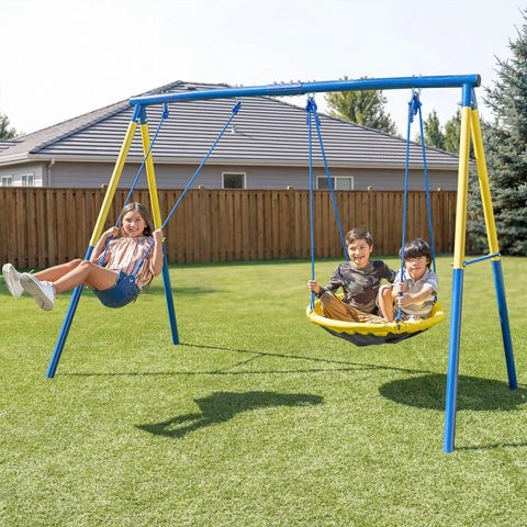 Children playing on My First Swing And Saucer Outdoor Playset For Backyard With Belt Swing And 32 Inch Saucer Swing Heavy Duty 6.17 Ft.