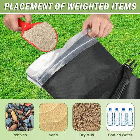 Two Pack 65Lb Fillable Sand Bags For Umbrella Bases, Heavy Duty 1680D Oxford With Inner Pouch, showing sand being poured into bag