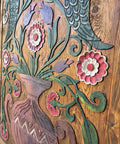 Handcrafted Wooden Sliding Barn Door With Peacock And Floral Design for Rustic Farmhouse Cabin Decor, close-up of carved details