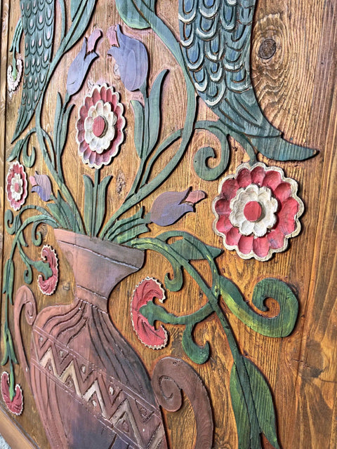 Handcrafted Wooden Sliding Barn Door With Peacock And Floral Design for Rustic Farmhouse Cabin Decor, close-up of carved details
