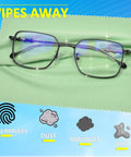 Front view of metal-frame glasses on green microfiber cleaning cloth for lenses and screens