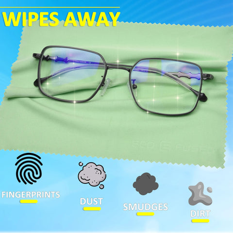 Front view of metal-frame glasses on green microfiber cleaning cloth for lenses and screens