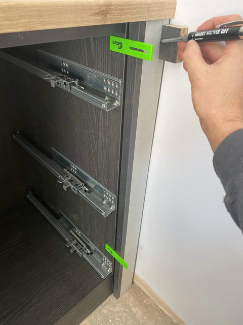 3 Piece Adjustable Carpenter Jig Set Helps You Nail Scribing Fillers And Toe Kicks Dead On With No Sweat Setup for marking cabinet edges.