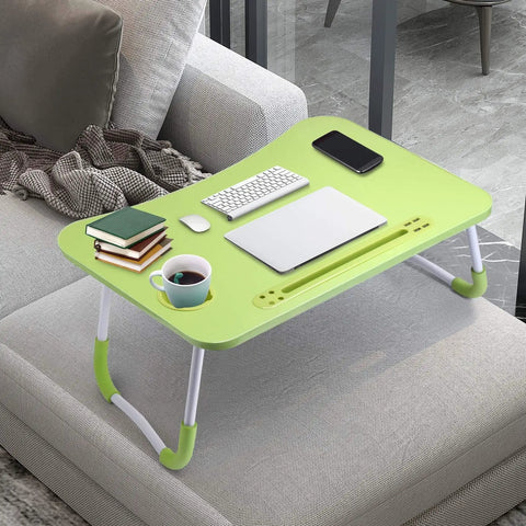 Foldable Laptop Desk Bed Table Portable Lap Tray on couch with notebook, phone, and cup