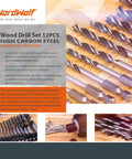 NordWolf 12-piece brad-point wood drill bit set; double-flute, 1/4 in hex shank, SAE 1/8–1/2 in sizes (front view).