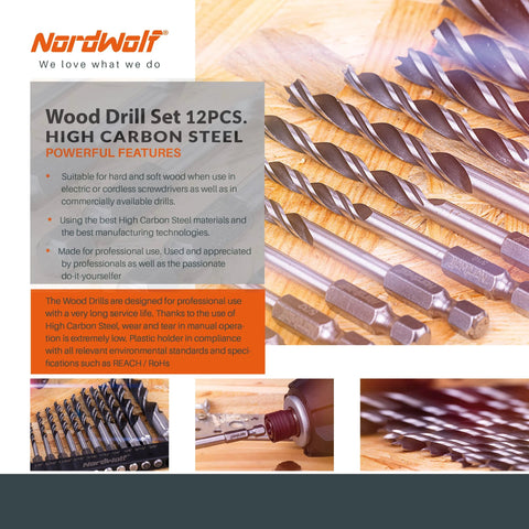 NordWolf 12-piece brad-point wood drill bit set; double-flute, 1/4 in hex shank, SAE 1/8–1/2 in sizes (front view).