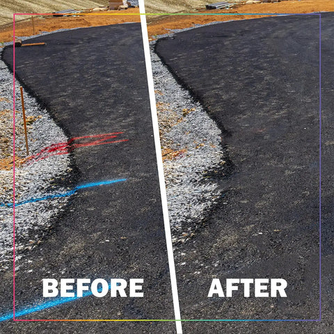 Before and after image showing driveway with Stripe Renew Asphalt Coating For Driveways And Parking Lots, Jet Black Renewal.