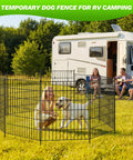 Temporary dog fence setup near RV, children and dog inside, outdoor camping scene in grassy area, sunny day