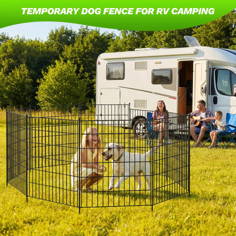 Temporary dog fence setup near RV, children and dog inside, outdoor camping scene in grassy area, sunny day