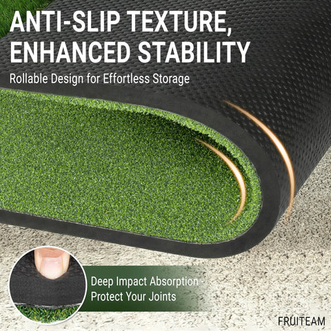 Close-up of Dual Turf Golf Mat 5x4ft For Backyard Indoor Practice Thick 21mm-45mm Hitting Surface, rolled showing anti-slip texture.