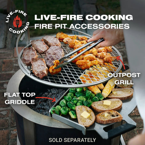 Live-fire cooking accessories on a Smokeless Fire Pit For Outdoor Hangouts, 27.5 Inch X Series 24 Corten Steel Backyard Heater