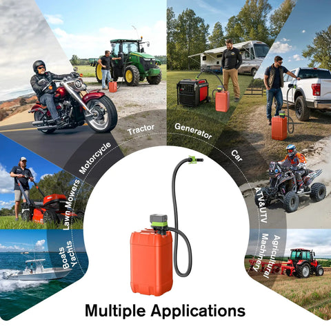 Real Deal 3.2 Gpm Fuel Transfer Pump With Smart Auto Stop Nozzle And Heavy Duty Leak Resistant Housing For Smooth Gas Line Work Without The Drip Mess Daily displayed with multiple applications including cars and generators.