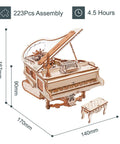 3D Wooden Piano Puzzle Kit For Adults, 223 Pieces, one-to-twenty scale, wooden music box with book-style base, 170mm x 90mm x 140mm