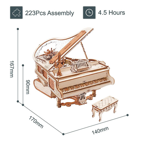 3D Wooden Piano Puzzle Kit For Adults, 223 Pieces, one-to-twenty scale, wooden music box with book-style base, 170mm x 90mm x 140mm