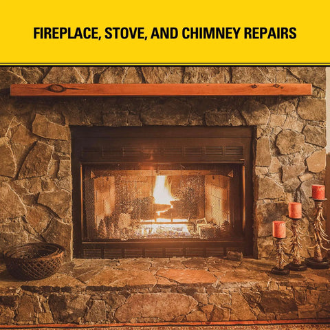 Stone fireplace with lit fire and decorative mantel, suitable for Beefed Up Heat Tolerance Silicone Sealant For Fireplaces Ovens Grills And Wood Stoves Fireproof Non Flammable Caulk Paintable Fast Drying 2 Pack 10.1 Oz Cartridges Up To 2700F use.
