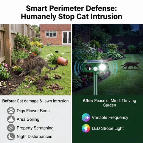 Two Pack Solar Ultrasonic Animal Repellent For Gardens With Motion Sensor Strobe Light for cat intrusion in flower beds