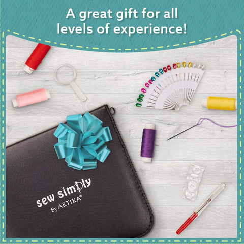 All In One Sewing Kit For Adults And Kids 94 Piece Starter Set With Colorful Thread Needles Scissors Thimble And Clips Travel Ready Emergency Repair Supplies displayed on table.