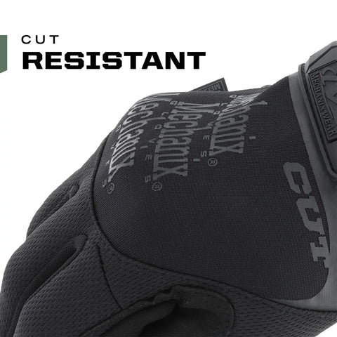 Close-up of Covert Pursuit D5 Cut Resistant Work Gloves with Armortex layer, showing cut-resistant material and logo details.