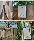Collage of Propane Tankless Water Heater 1.58 GPM 41000 BTU Outdoor CSA Certified with shower setups for camping.