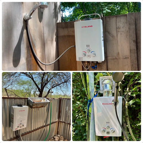 Collage of Propane Tankless Water Heater 1.58 GPM 41000 BTU Outdoor CSA Certified with shower setups for camping.