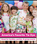 Group of kids wearing colorful tie-dyed shirts from One Step Tie Dye Kit For Big Groups With 14 Vibrant Colors And 18 Pre Filled Bottles Easy Cleanup Tools Included No Presoaking Needed Perfect Gift Or Party Activity For Creative Crafters.