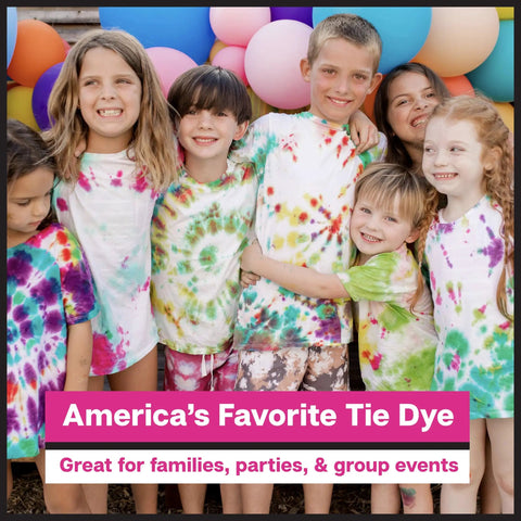 Group of kids wearing colorful tie-dyed shirts from One Step Tie Dye Kit For Big Groups With 14 Vibrant Colors And 18 Pre Filled Bottles Easy Cleanup Tools Included No Presoaking Needed Perfect Gift Or Party Activity For Creative Crafters.