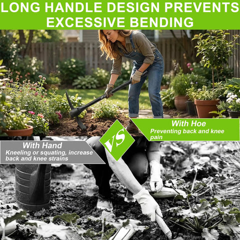 Forged Adze Pick And Mattock With 36 Inch Fiberglass Handle used for digging in a garden, showing ergonomic design benefits.