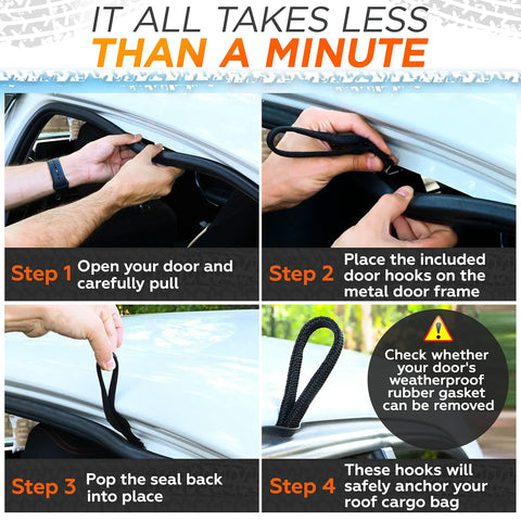 Installation steps for Six Pack Rooftop Cargo Tie Down Hooks for securing any car top luggage waterproof and door frame mounted straps