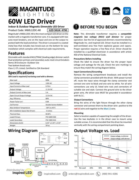Instruction manual for 12V Magnitude Magnetic Dimmable LED Driver Transformer For Under Cabinet Kitchen Lighting Hardwired Low Voltage Power Supply 60 Watt Capacity DIY Friendly For Dimmable LED Strip Lights And Slim Installations