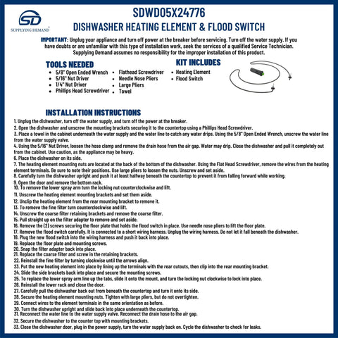 Installation guide for Model Specific Dishwasher Heating Element Replacement For WD05X24776 WD05X30818 with tool list and instructions