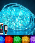 Color Changing Rope Lights Outdoor 33ft 100 LED String Lights With Plug And Remote Waterproof Twinkle Rope Light For Patio Backyard Garden Outdoor And Indoor Use 16 Colors Totally Lit, showcasing blue glow with remote and plug.