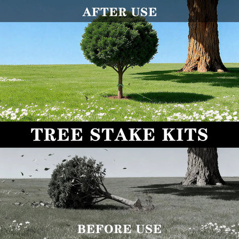 Comparison of tree stability with and without Beefy Heavy Duty Tree Stakes And Leaning Tree Support Kit in a garden setting.