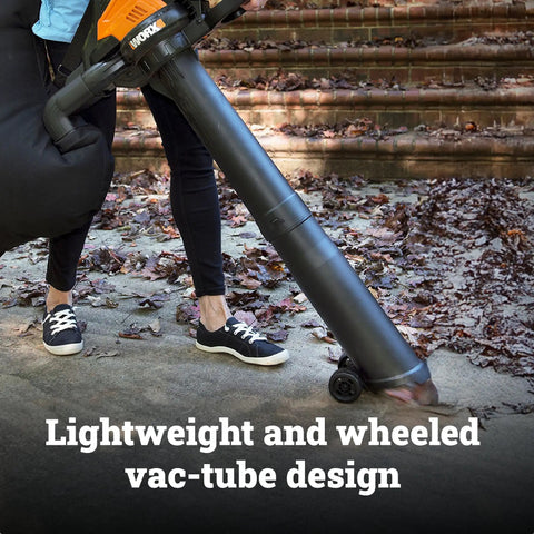 Person using Cordless 3 In 1 Leaf Blower Vacuum Mulcher With Brushless Motor on driveway with wheeled tube