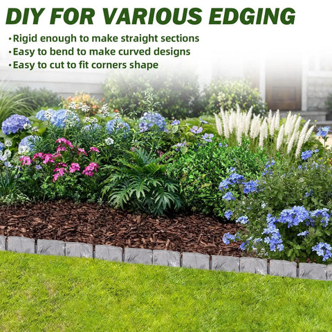 Faux Stone Look Landscape Edging Border 17Ft Long, 2.75In Tall Garden Border defining flower bed with various plants, gray.