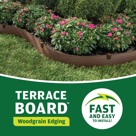 Durable Landscape Edging Coil For Lawn And Garden 40 Ft Long 4 In Tall Terrace Board Border With 10 Stakes Brown HDPE Plastic providing defined garden edge