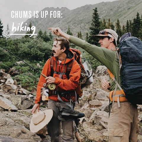 Two men hiking in mountainous terrain with backpacks, pointing towards a trail. Text reads 'Chums is up for: hiking'.
