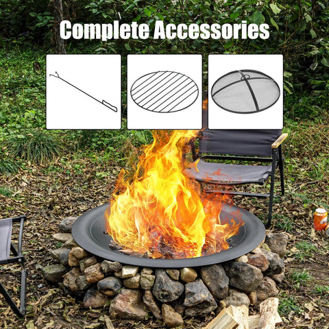 35 Inch Steel Fire Pit Bowl Built To Last For DIY Or Replacement, Includes Spark Screen And Fire Poker, Large Round Fire Pit Bowl For Backyard Patio Porch Deck Camping And BBQ with accessories