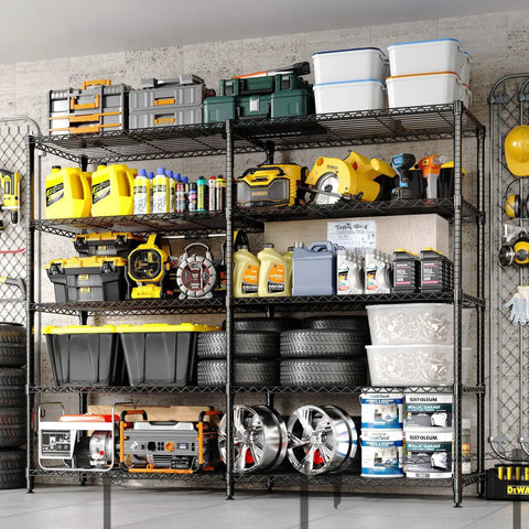 Beefy 5 Tier Metal Storage Shelves 71 Inch Wide Heavy Duty Garage Shelving Rack With 1325 Lbs Capacity, Industrial Grade Carbon Steel For Tools, Equipment, And Large Appliances, Easy Assembly full rack in garage with tools and bins
