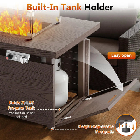 51 Inch Propane Fire Pit Table With 50,000 BTU Smokeless Heat showing side open tank storage and wind guard
