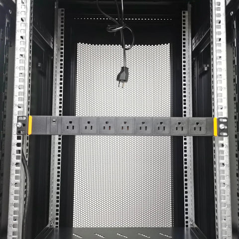 48U Server Rack Cabinet With Vented Top Cover And Two Adjustable Shelves For Networking Gear showing power strip installed.