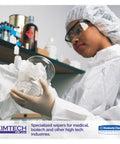 Lab technician using Pure Disposable Wiper With W4 Dry, 12 Inch By 12 Inch White Heavy Duty, in a cleanroom environment