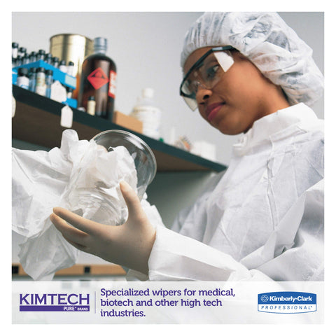Lab technician using Pure Disposable Wiper With W4 Dry, 12 Inch By 12 Inch White Heavy Duty, in a cleanroom environment