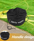 RV Hose And Water Tube Storage Bag with sturdy zipper and handle on grass, Oxford cloth, yellow hose alongside, focus on handle design.