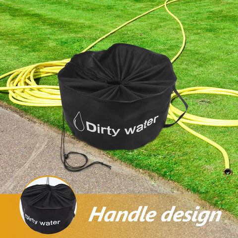 RV Hose And Water Tube Storage Bag with sturdy zipper and handle on grass, Oxford cloth, yellow hose alongside, focus on handle design.