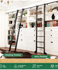 87 Inch Telescoping Aluminum Rolling Step Ladder With Four Foot Hook Track Kit Adjustable Heights 87 96 108 120 Inches 11 Inch Step Spacing 51 Inch Handrail Pro Grade Heavy Duty Library Ladder For Home Garage Workshop, climbing position in home library