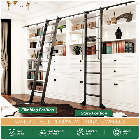 87 Inch Telescoping Aluminum Rolling Step Ladder With Four Foot Hook Track Kit Adjustable Heights 87 96 108 120 Inches 11 Inch Step Spacing 51 Inch Handrail Pro Grade Heavy Duty Library Ladder For Home Garage Workshop, climbing position in home library